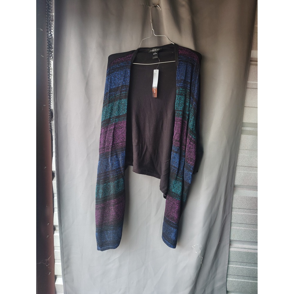 August Silk Womens Metallic Striped Open Front Cardigan Shrug Black Blue Medium